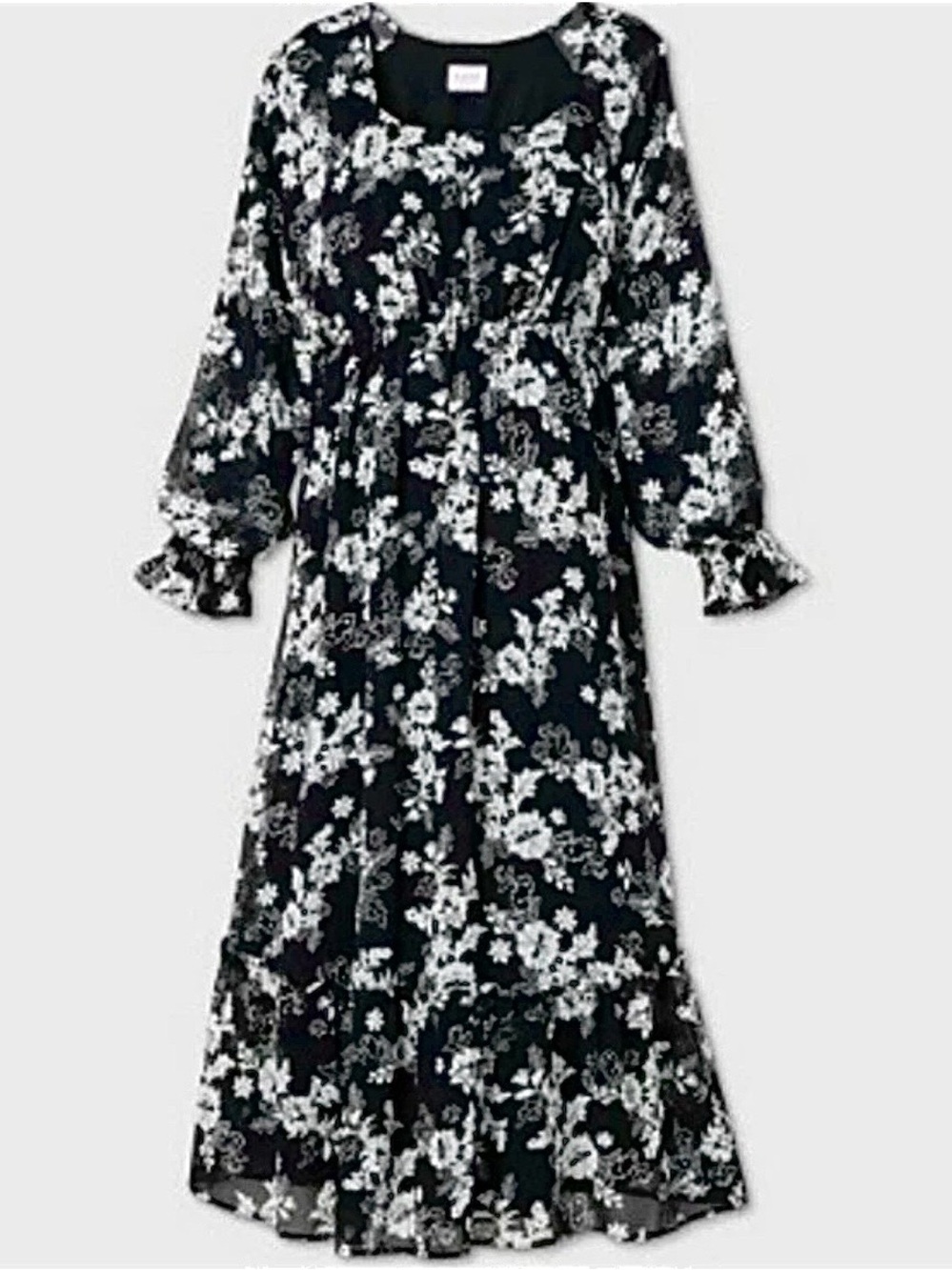 Isabel Maternity Floral Black & White Long Sleeve Chiffon Maxi Dress Loose Fit - Picture 2 of 5